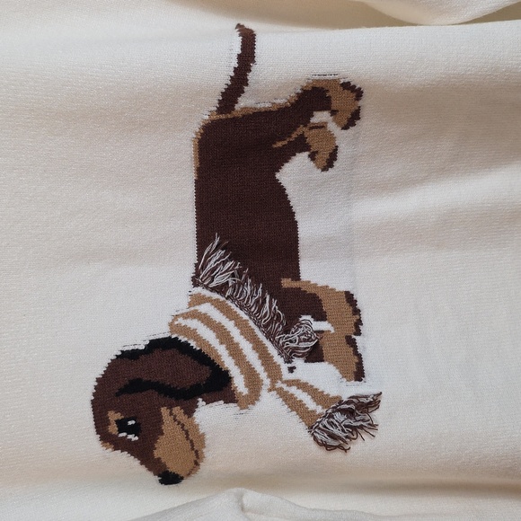 Calligraphie Dachshund Dog Intarsia Knit Crew Neck Sweater Cream Brown Medium - Picture 4 of 17